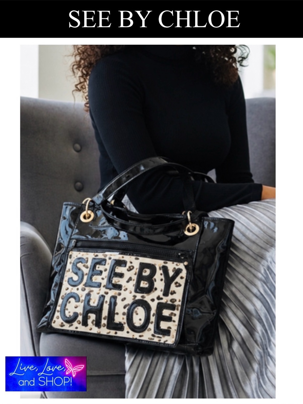 SEE BY CHLOE Black Patent Leather Tote w/Detachable Pouch w/Cheetah Print, EUC